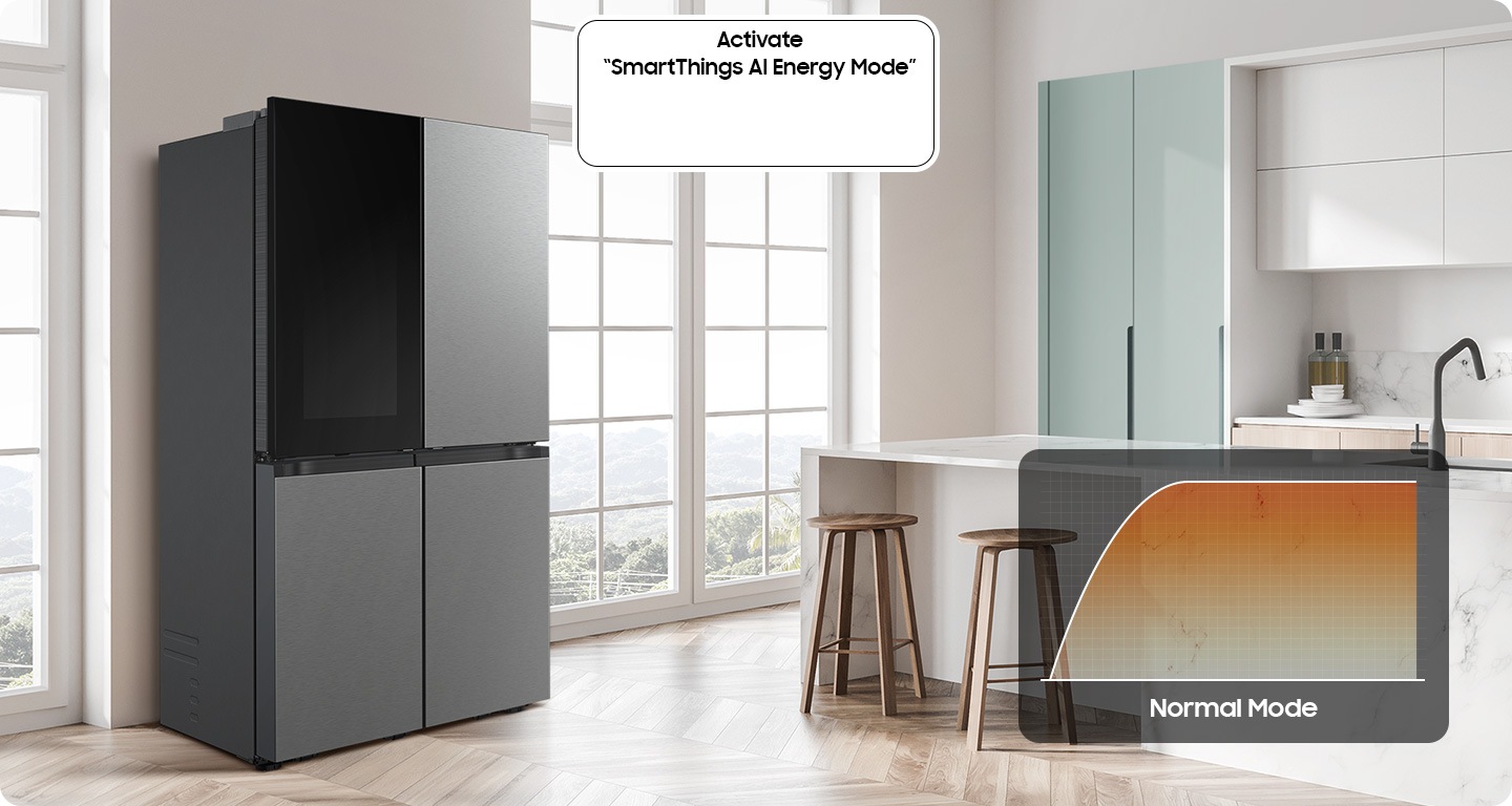 There is a Bespoke fridge in a sunlit kitchen. The toggle for 'Activate SmartThings AI Energy Mode' is off. Normal mode's energy consumption graph indicates high energy consumption.