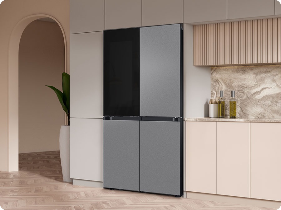 There is a Bespoke refrigerator with a See-Thru Door and Stainless Steel panels in a stylish kitchen.