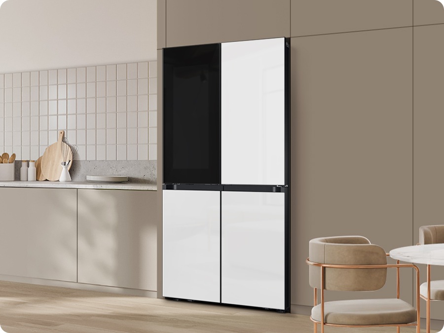 There is a Bespoke refrigerator with a See-Thru Door and Clean White panels in a stylish kitchen.