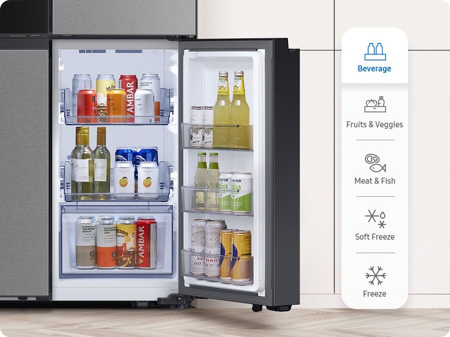 There is a closeup of the CoolSelect+ with five modes: Beverages, Fruits & Veggies, Meat & Fish, Soft Freeze, and Freeze. As the mode switches, the shelves get filled with beverages, then with vegetables and sauces, then with meat, demonstrating different ways to organize food.