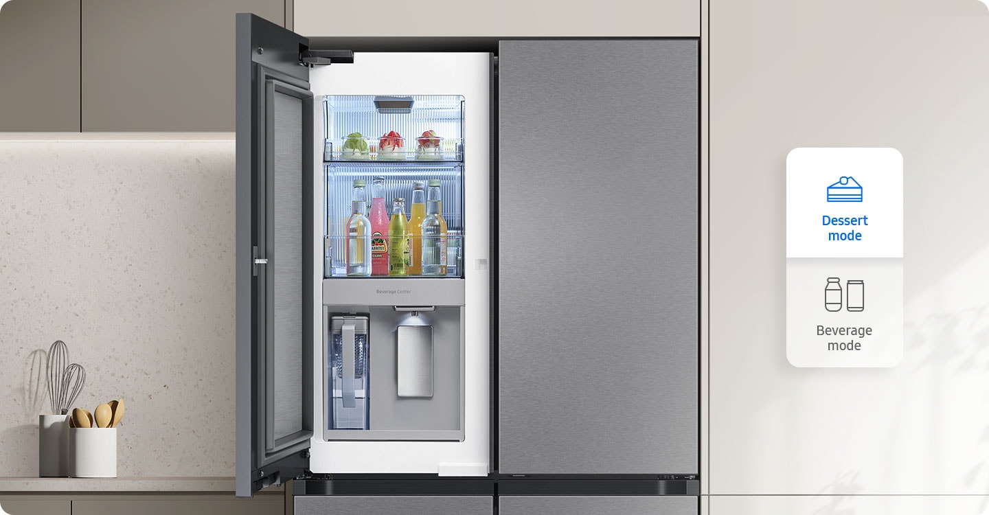 There is a close-up of the Beverage Zone. Dessert mode is selected. The top shelf features desserts. The bottom shelf has glass bottles. Beverage mode is selected. The top and middle shelves are filled with a variety of beverages in glass bottles, cartons, and cans.