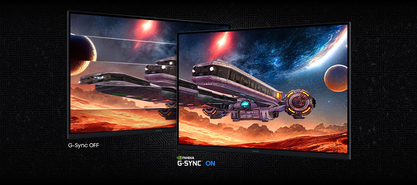 Az egymás melletti kijelző összehasonlítja az NVIDIA G-SYNC OFF funkciót a képernyő szakadásával, valamint a G-SYNC ON funkciót a hibátlan grafikával egy idegen terepen repülő űrhajóval, kiemelve a jobb játékteljesítményt és a vizuális stabilitást.