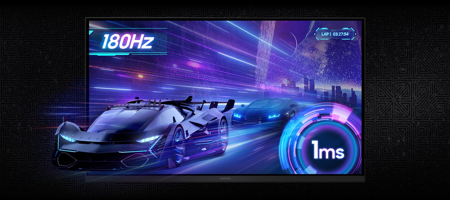 Futurisztikus motorsport-jelenet egy neonfényes versenypályával és digitális köridő-kijelzővel ellátott gamer monitoron. 180 Hz-es képfrissítési gyakoriság és 1 ms válaszidő jellemzi az ultragyors játékmenetet minimális késleltetéssel.