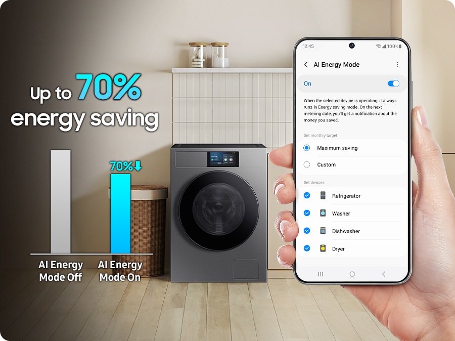 Az AI energia mód aktiválásához kapcsold be a mód gombot, és válaszd ki az okostelefonodon futtatni kívánt eszközt. Akár 70%-kal több energiát takarít meg, mint kikapcsolt AI energia módban.