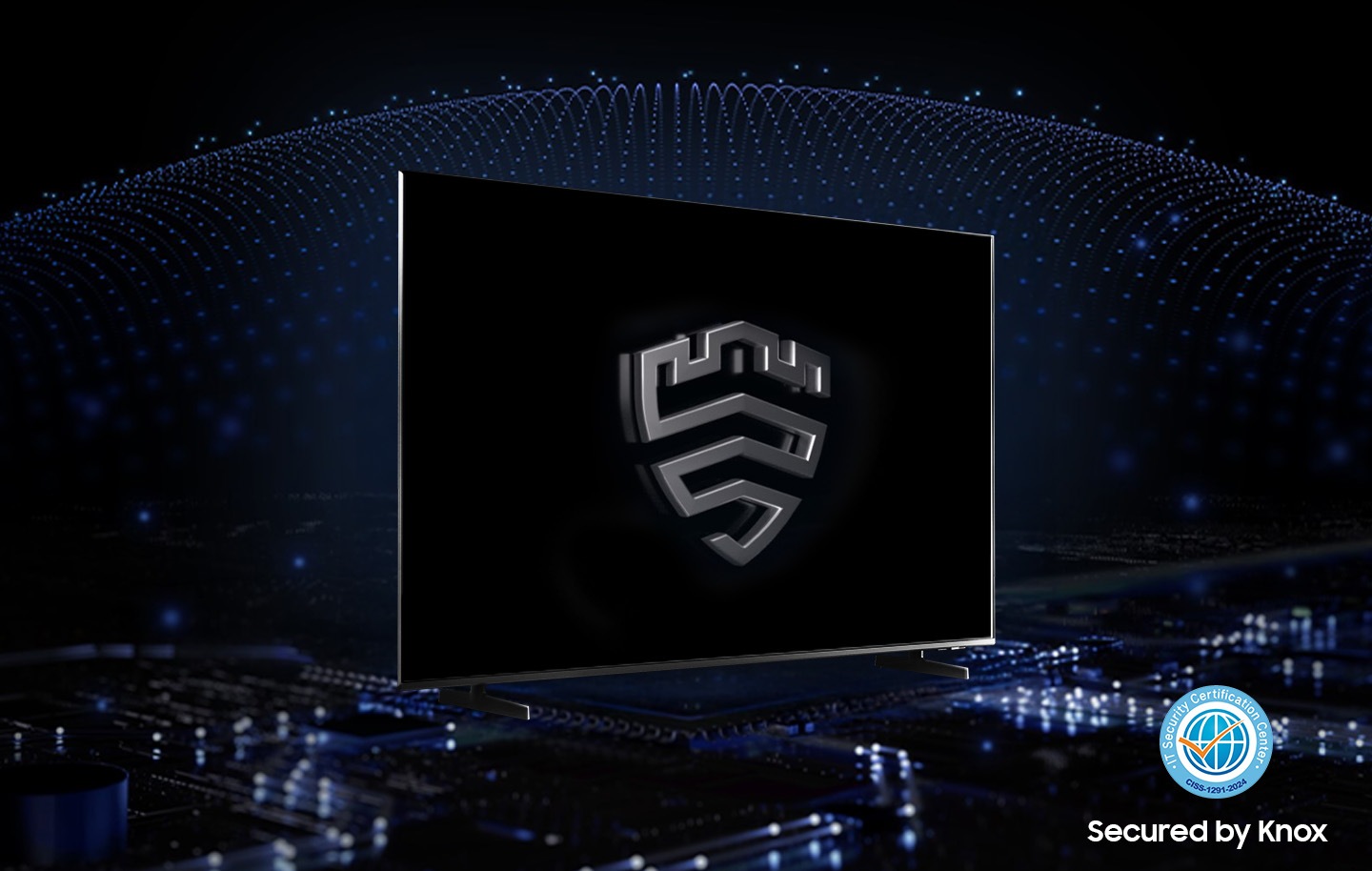 On a black screen of the TV, a shield-shaped icon is prominently displayed in the center, with "secured by Knox" written in the bottom right.