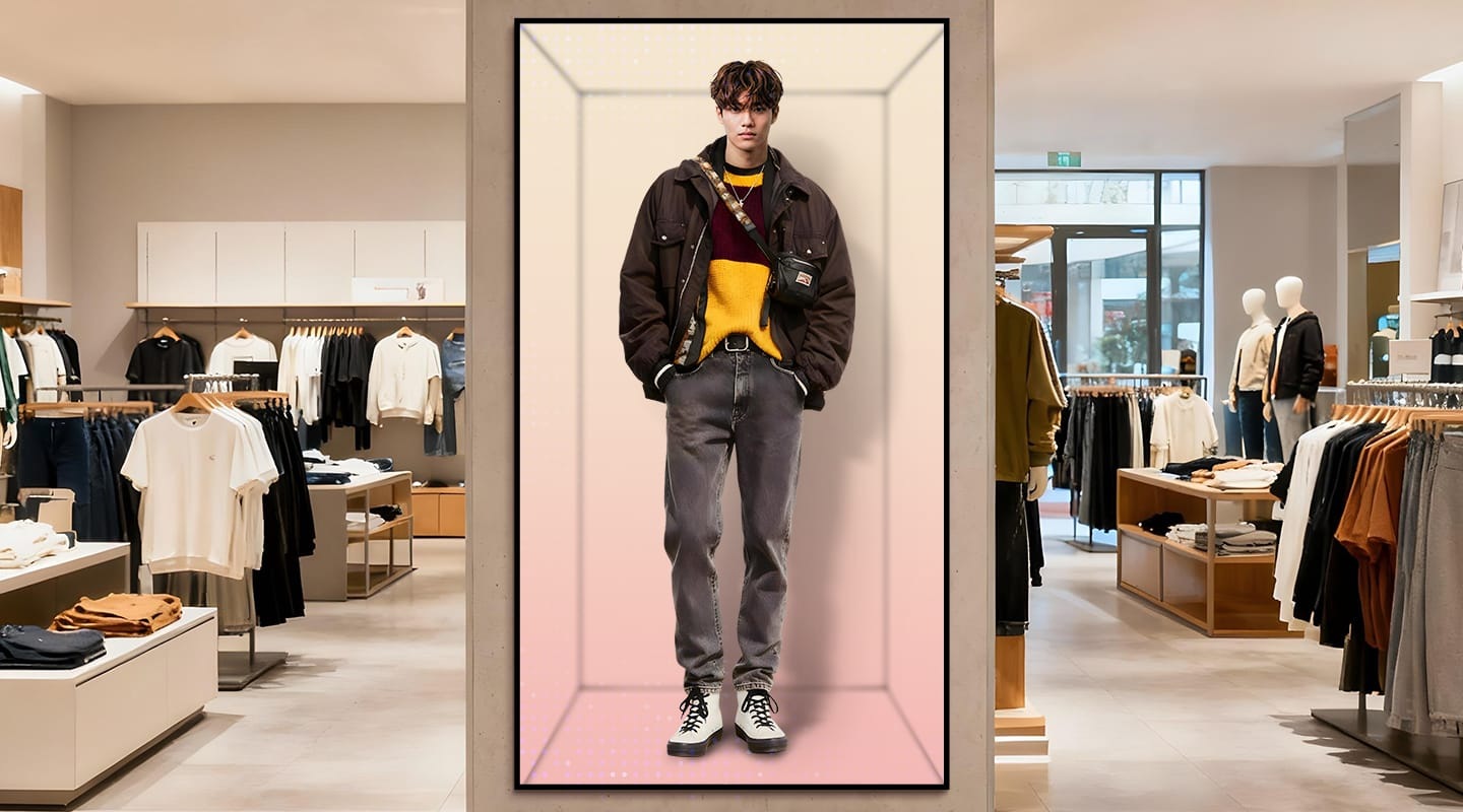 3D display, SMHX, in men's clothing store: model's accessories and clothing details emphasized with circles.