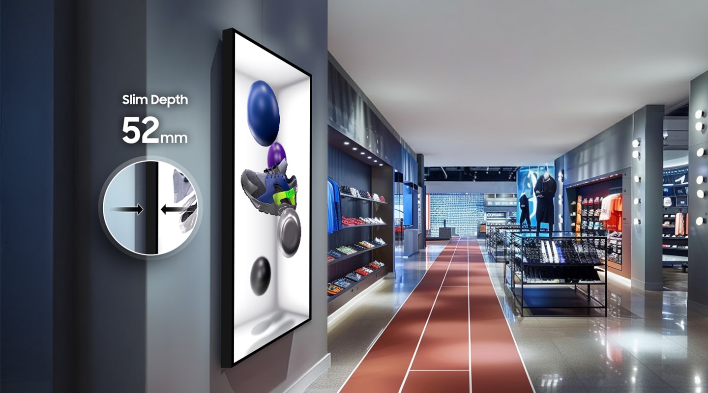 SMHX 3D display with a slim depth of 52mm in sports retail shop shows sneakers and balls appearing to pop up.