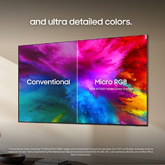 Sammenligning af Micro RGB og konventionel farvegengivelse. Micro RGB-farver er tydeligt mere levende og præcise. VDE-logo, 07/2025 Testet Micro RGB Precision Color, www.VDEinfo.com, ID. 40060498, Testet af VDE Tyskland.