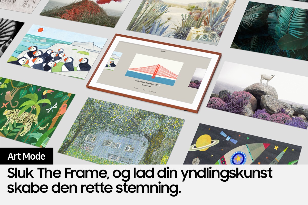 I brugergrænsefladen for Art Mode er et billede af en bro over vand ved at blive valgt blandt flere andre kunstværker.