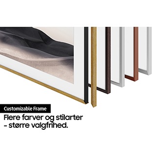 Vi ser, hvordan The Frame kan tilpasses ved at vælge mellem nye rammer i stilarterne Modern og Beveled, som fås i farverne teak, brun, teglrød og hvid. De nye rammer fastgøres magnetisk.