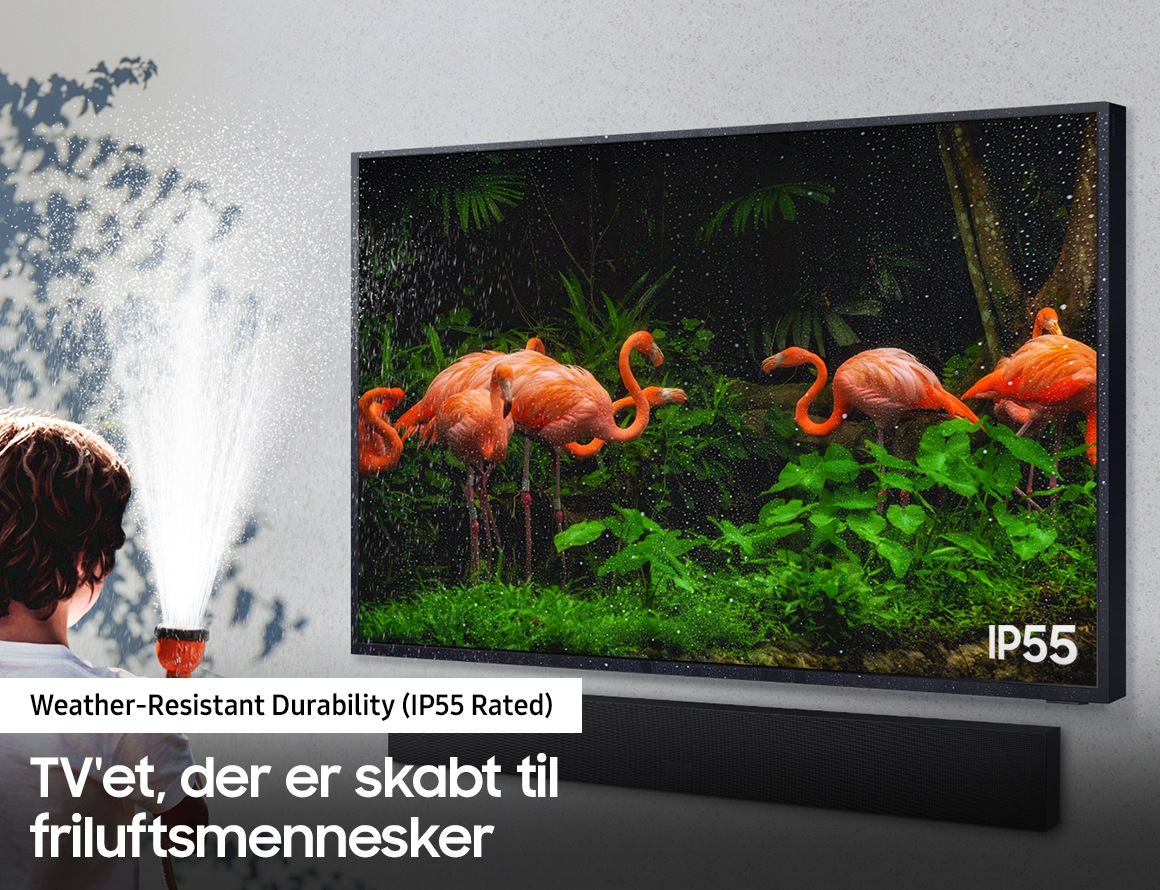 Samsung The Terrace er beskyttet iht. klassificeringen IP55 mod regn, fugt og støv, hvilket betyder, at det kan modstå vind og vejr