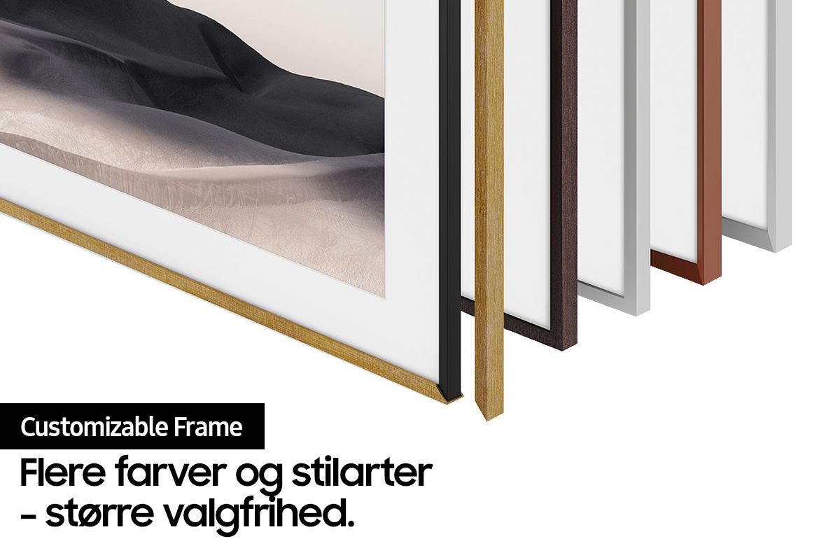 Vi ser, hvordan The Frame kan tilpasses ved at vælge mellem nye rammer i stilarterne Modern og Beveled, som fås i farverne teak, brun, teglrød og hvid. De nye rammer fastgøres magnetisk.
