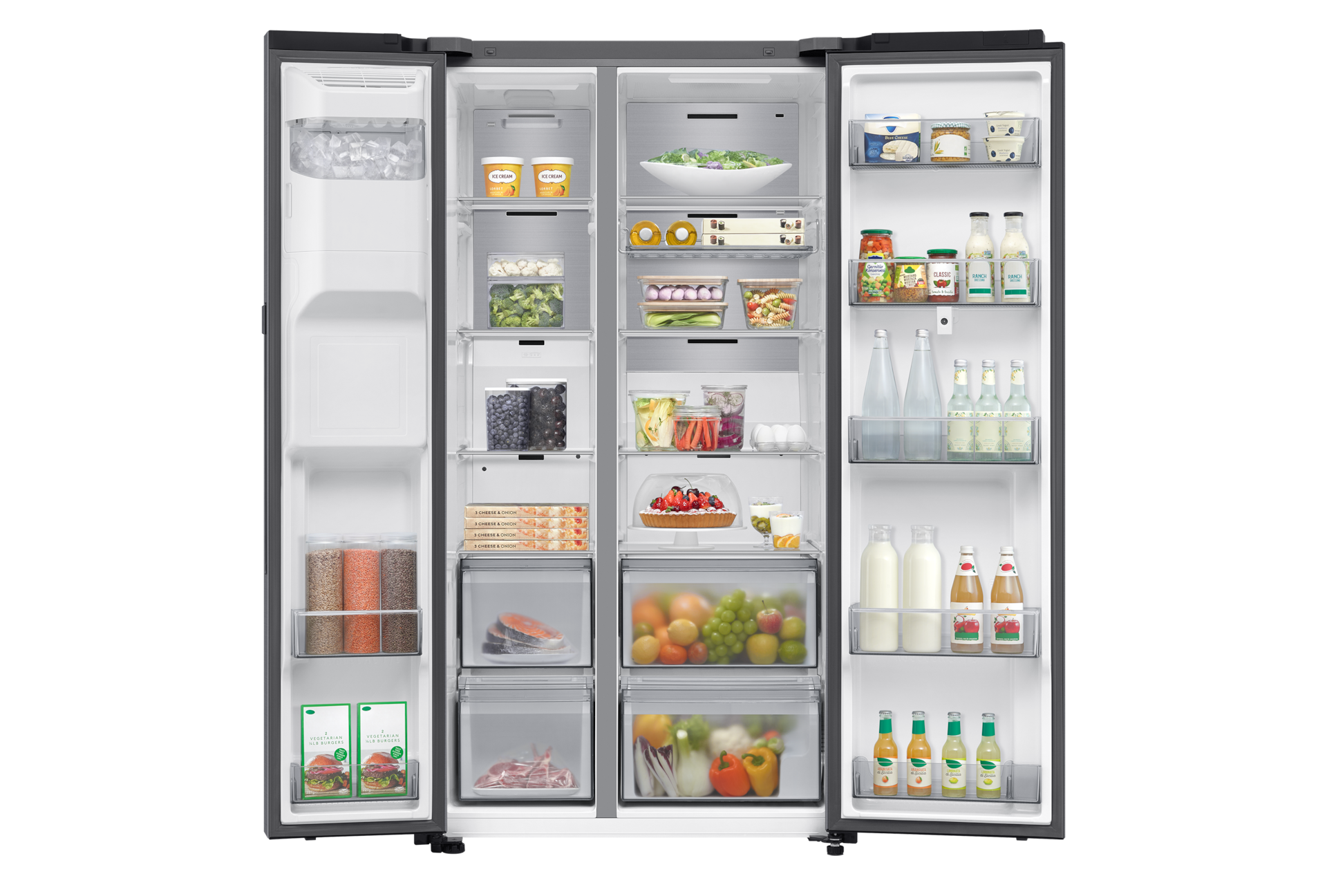 Bespoke AI Refrigerator SBS -Family Hub Front-Open-With-Food Silver 