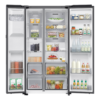 Bespoke AI Refrigerator SBS -Family Hub Front-Open-With-Food Silver 
