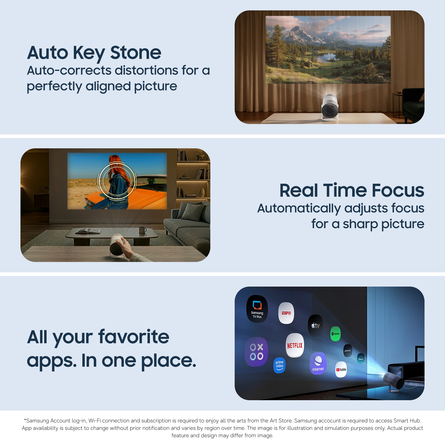 Billedet viser en Samsung-projektor med funktionerne Auto Keystone, Real Time Focus og app-adgang.