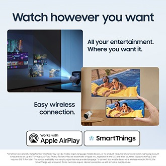 Smart projektor, der gør det muligt at streame trådløst fra telefonen til skærmen eller udendørs via Apple AirPlay og SmartThings.