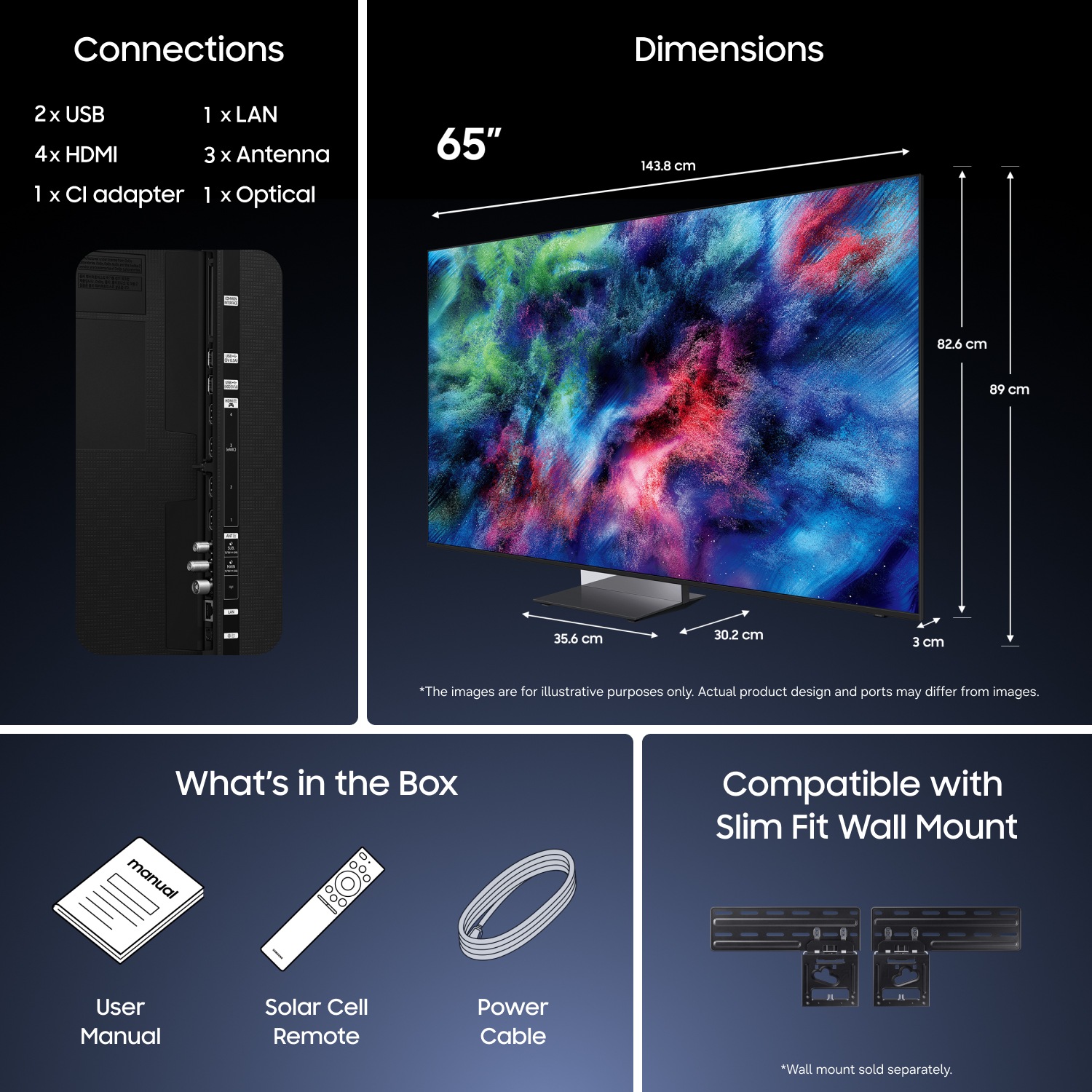 Mål for Samsung Micro RGB R95H – kun skærm (82,6 × 143,8 × 3 mm). Højde med Mirror Space Graphite Infinity Air‑stativ (89 mm). Mål for stativet (35,6 × 30,2 mm).