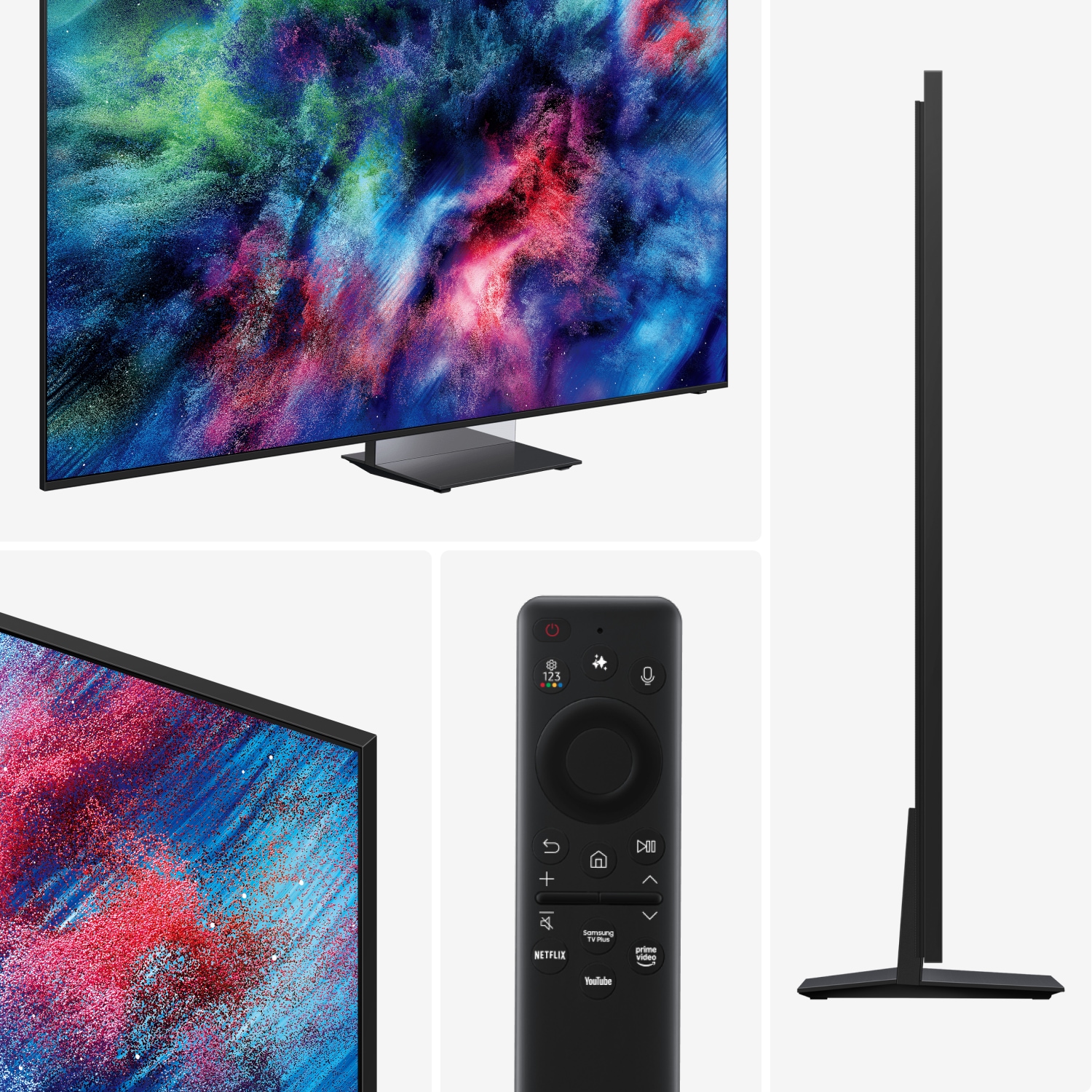 Samsung‑TV med livligt abstrakt display, slankt design og smart fjernbetjening med genveje til Netflix, YouTube og Prime Video