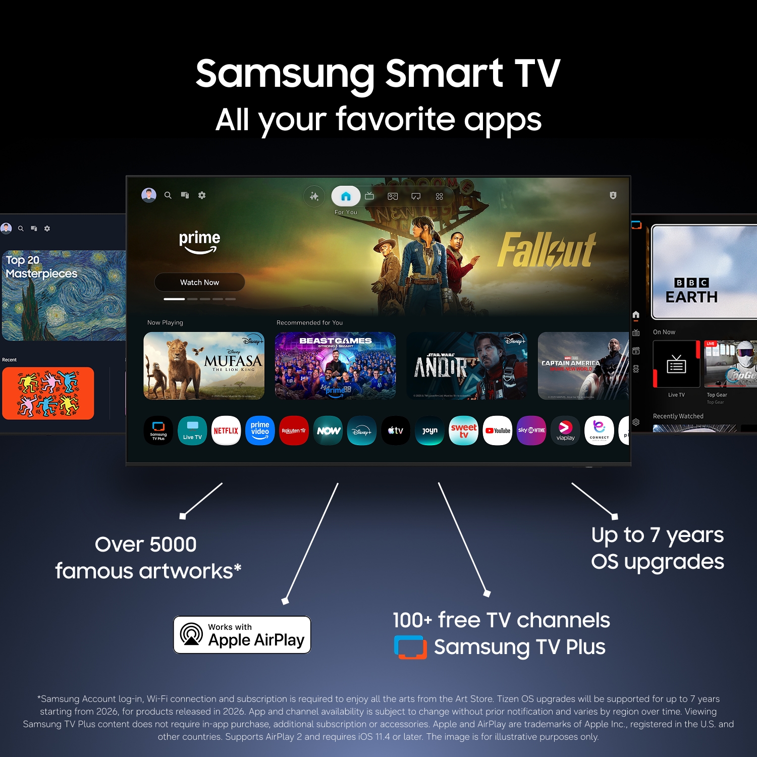 Smart‑TV‑interface med Netflix, Prime Video og Apple AirPlay, samt op til 7 års OS‑opdateringer og over 300 gratis kanaler.
