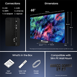 Mål for Samsung Micro RGB R95H – kun skærm (82,6 × 143,8 × 3 mm). Højde med Mirror Space Graphite Infinity Air‑stativ (89 mm). Mål for stativet (35,6 × 30,2 mm).