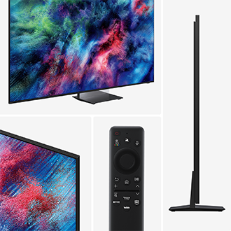 Samsung‑TV med livligt abstrakt display, slankt design og smart fjernbetjening med genveje til Netflix, YouTube og Prime Video