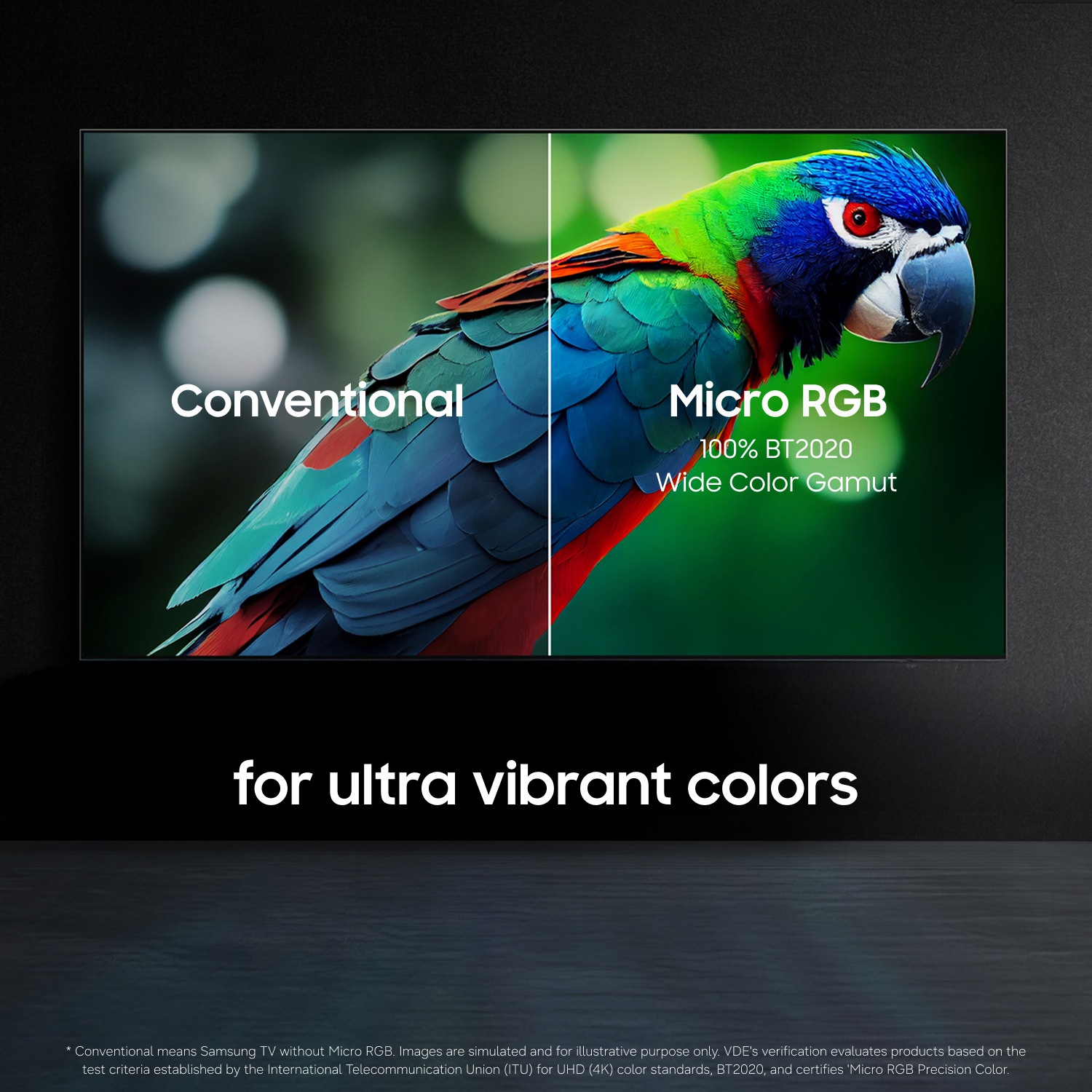 Conventional vs. Micro RGB TV screens, showcasing vibrant parrot colors with wider gamut for ultra vivid display.