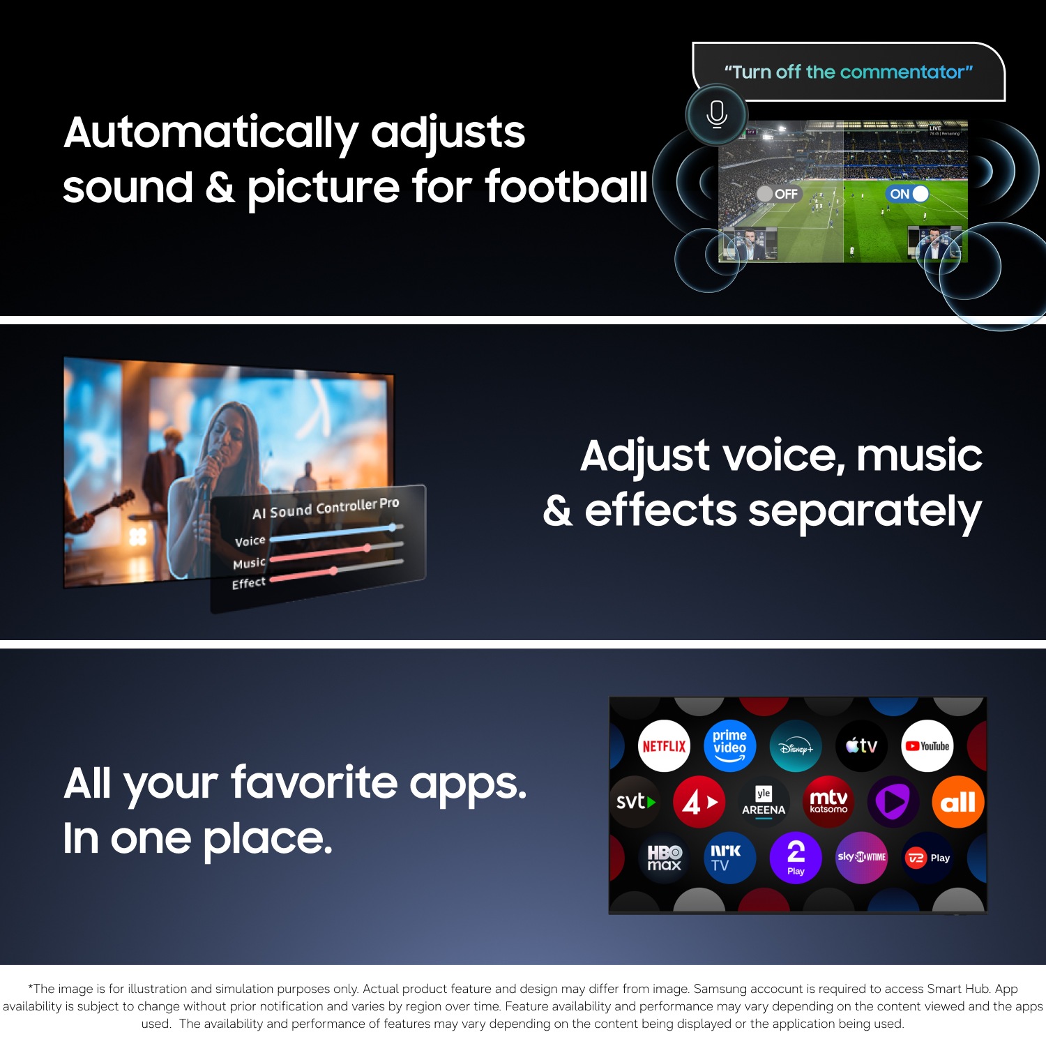Smart TV with auto football mode, separate audio controls, and unified app hub featuring Netflix, YouTube, and more for seamless entertainment.