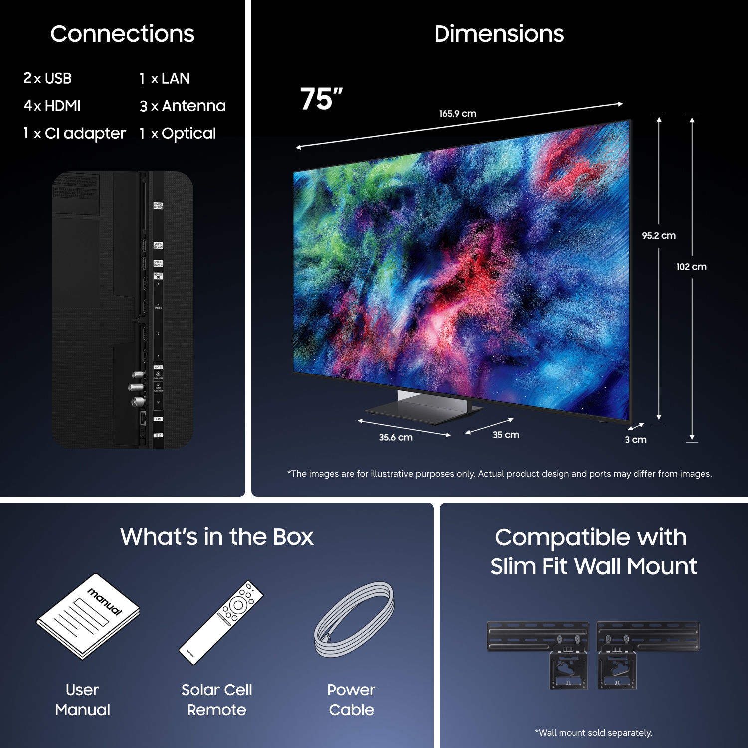 Dimension of Samsung Micro RGB R95H screen only (95.2 x 165.9 x 3 mm). Height with Mirror Space Graphite Infinity Air Stand (102 mm). Dimension of Mirror Space Graphite Infinity Air Stand (35.6 x 35 mm).