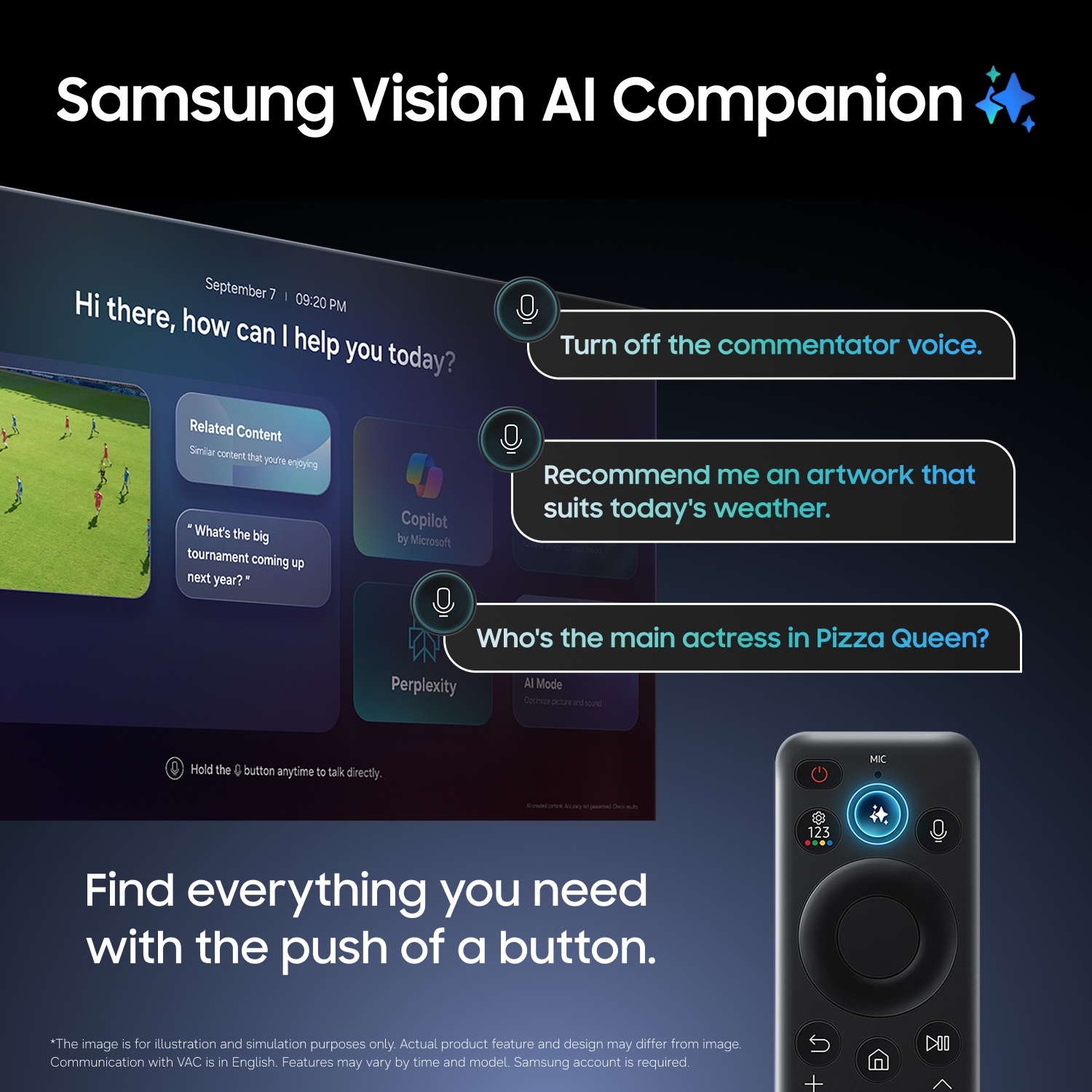 Smart‑TV med Vision AI Companion, stemmestyring til indholdssøgning, justering af indstillinger og en gnidningsfri handsfree‑oplevelse.