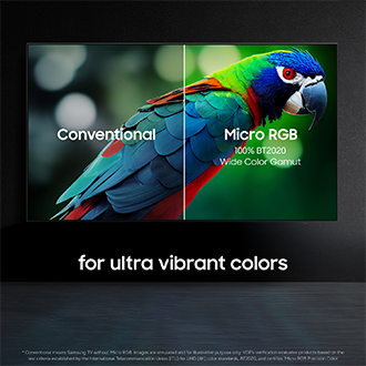 Conventional vs. Micro RGB TV screens, showcasing vibrant parrot colors with wider gamut for ultra vivid display.