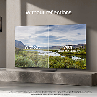 TV screen comparison: left side with glare, right side glare-free display, highlighting 'Glare Free' technology for clearer viewing.
