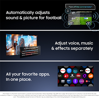 Smart TV with auto football mode, separate audio controls, and unified app hub featuring Netflix, YouTube, and more for seamless entertainment.