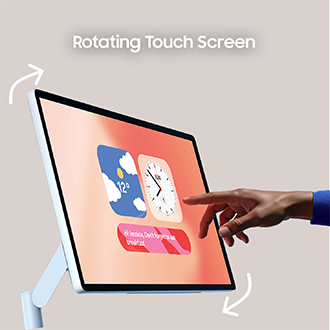Person interacts with The Movingstyle placed on a flat surface with the integrated kick-stand. Feel it.