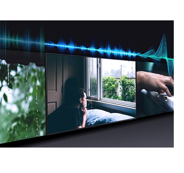 גרפיקה מדומה של גלי קול מציגה טכנולוגיית אינטליגנציה נופית של אודיו הממטבת את צליל הטלוויזיה ממוזיקה לסצנת קולנוע.
