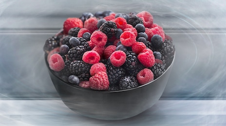 Cool, moist air surrounds a basket of frost-free raspberries.