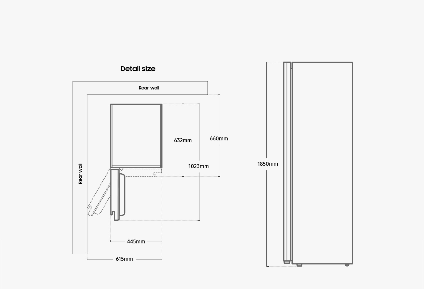 DF8000NM is 1850mm high, 445mm long, and 632mm deep when the door is closed. Including space between the rear wall and the dresser, the depth is 660mm. When the door is 90 degrees open, the total depth is 1023mm, including the door. With the door opened to the max, the length is 615mm measured from the corner without the door.