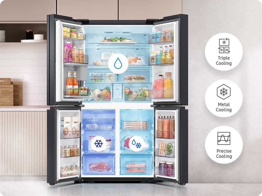 All four refrigerator doors are open. The upper fridge and lower left and right freezers have separate cooling systems. Next to it are icons for Triple cooling, Metal Cooling, Precise Cooling.