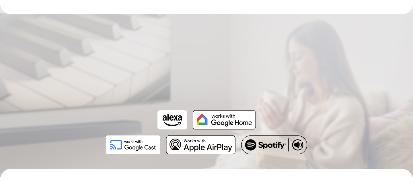 Alexa, Works with Google Home, Works with Google Cast™, Works with Apple AirPlay and Spotify logos on background.