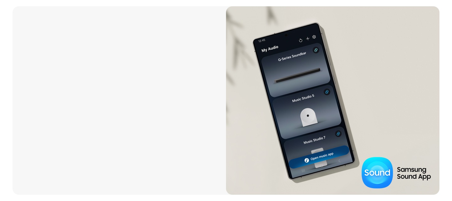 Samsung Sound App UI is a smartphone where the user can connect various devices and adjust settings. Samsung Sound App logo.