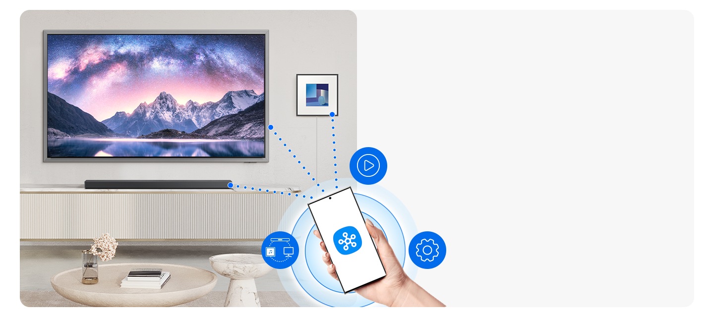 The phone has the SmartThings logo on the screen. The UI icons float nearby. The dashed lines connect the phone to the TV and audio devices.