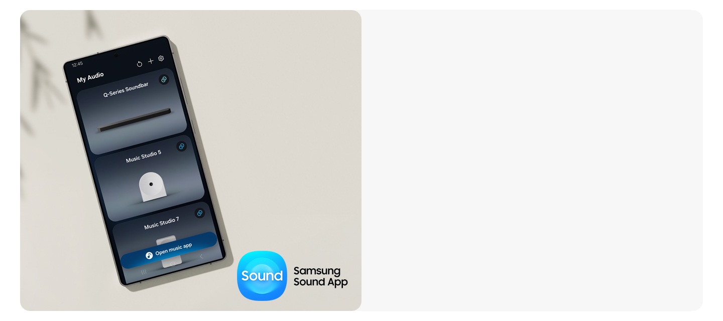 Samsung Sound App user interface on a smartphone, where the user can connect various devices and change settings. Samsung Sound App logo.
