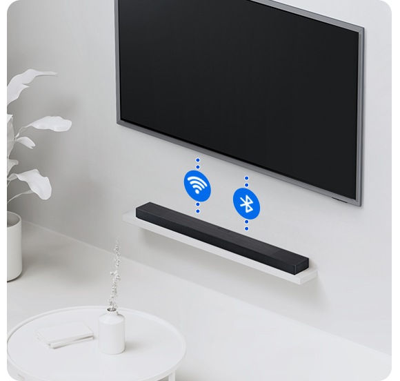 The TV and soundbar are connected wirelessly using dashed lines with Wi-Fi and Bluetooth symbols.