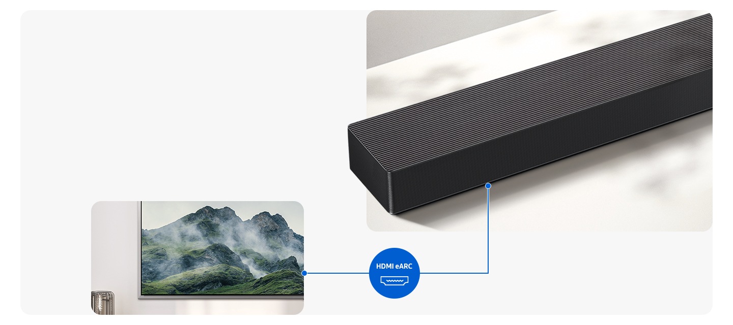 A close-up of a Samsung soundbar. The line connects the soundbar to the TV and shows the HDMI eARC and HDMI 2.1 logos.