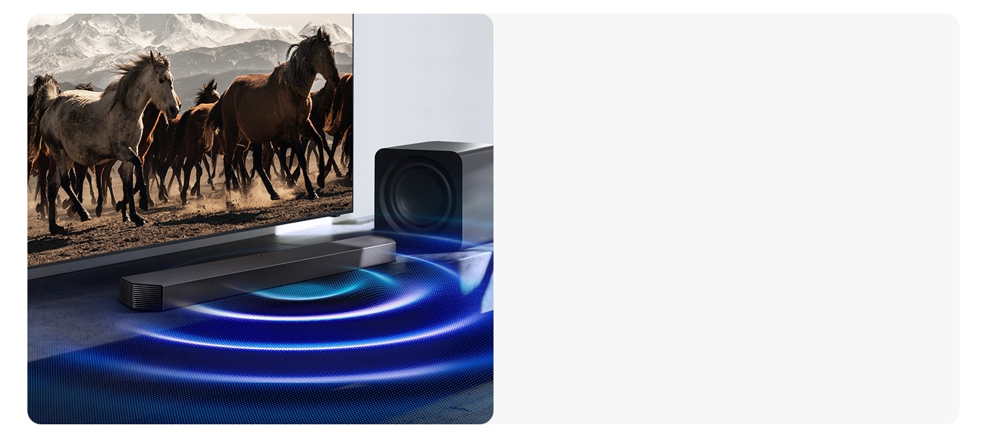 Sound waves flow from a Samsung soundbar placed under the TV, while the subwoofer next to it is turned off.