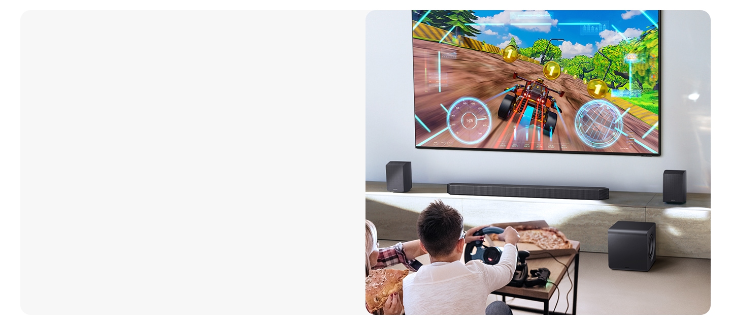 Two people enjoy an immersive 3D-like gaming experience on their Samsung soundbar in Game Pro mode.