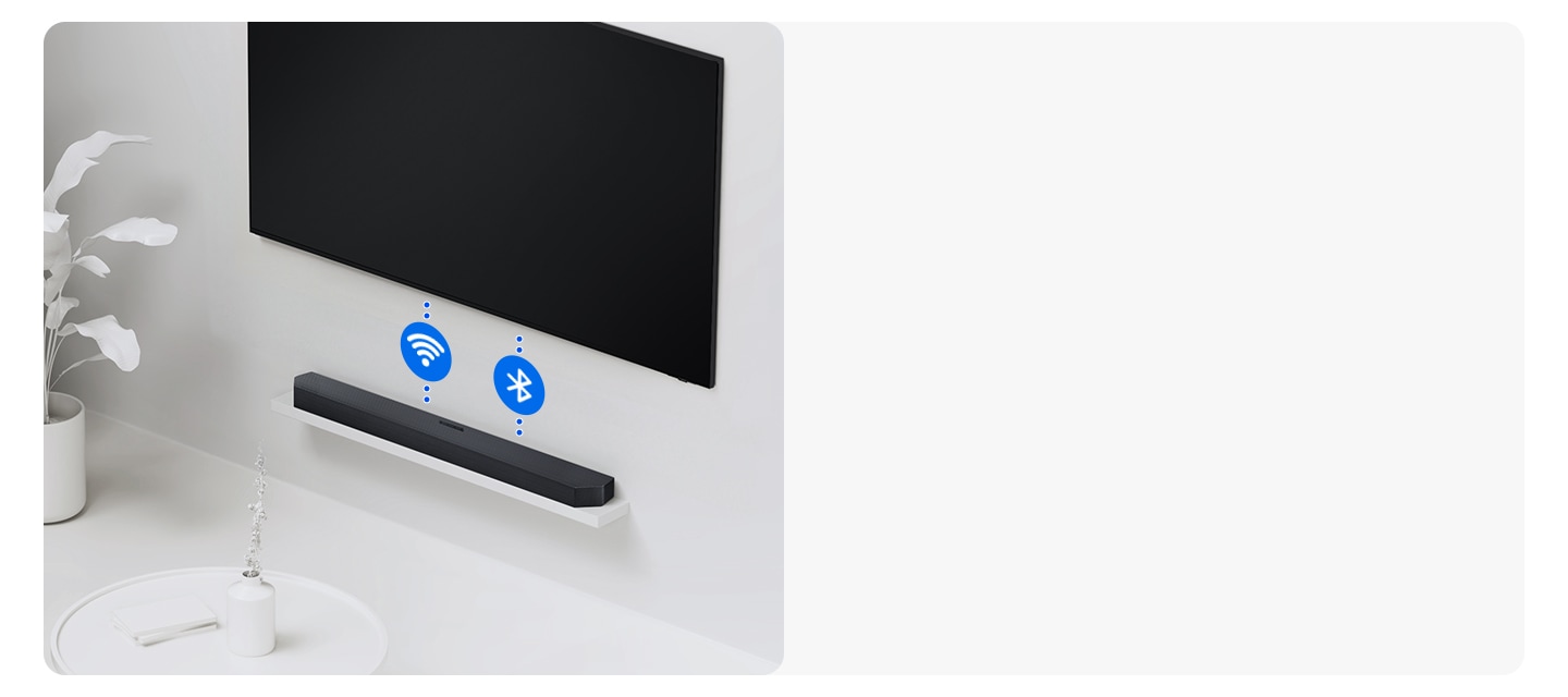 The TV and soundbar are connected wirelessly using dashed lines with Wi-Fi and Bluetooth symbols.