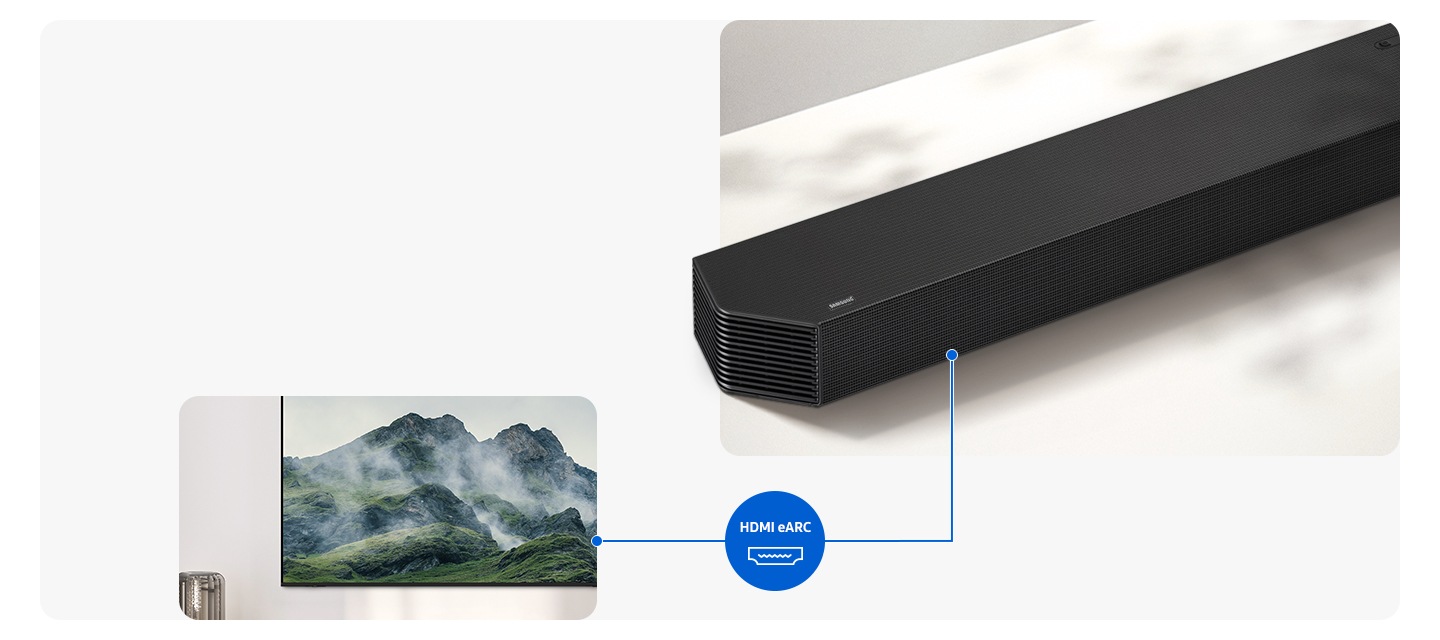 A close-up of a Samsung soundbar. The line connects the soundbar to the TV and displays the HDMI eARC logos.