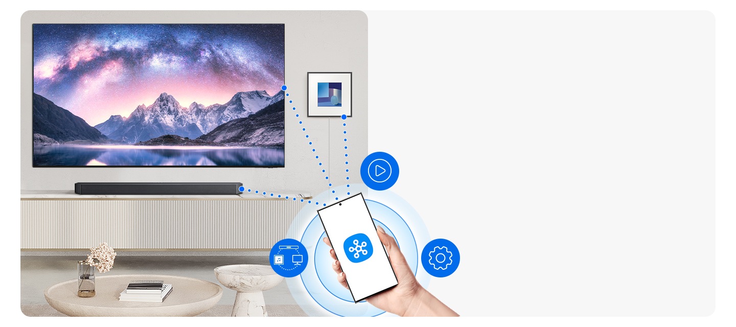 The phone has the SmartThings logo on the screen. The UI icons float nearby. The dashed lines connect the phone to the TV and audio devices.