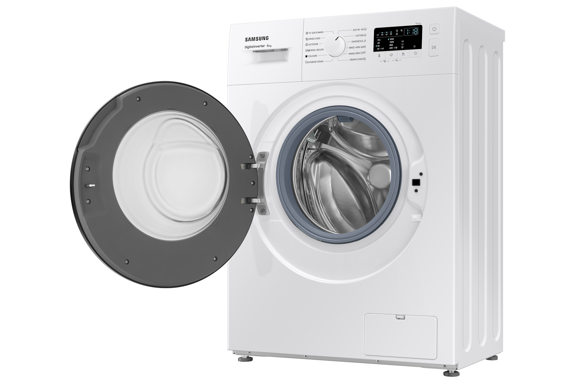 6kg WW3000AM Front loading Washer with Digital Inverter Technology and Hygiene Steam R-Perspective-Open White 