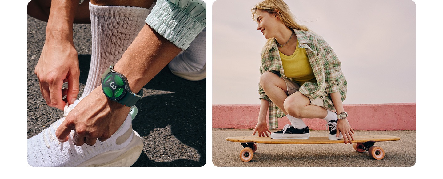 In the first shot, a person wearing a Galaxy Watch7 is seen tying their shoes, and a countdown timer for tracking exercise appears on the watch's screen. In the second shot, a woman wearing a Galaxy Watch7 is seen riding a skateboard.